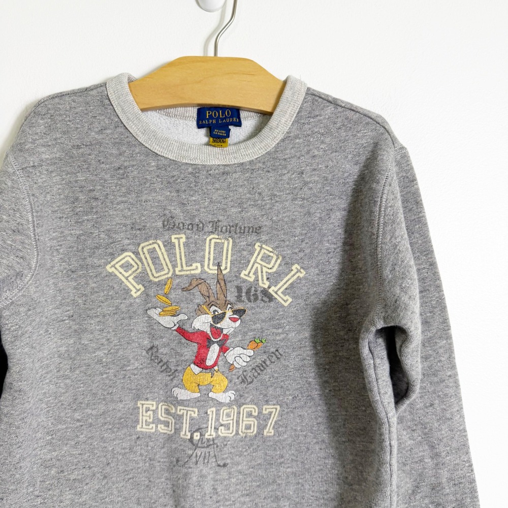 Polo Ralph Lauren Sweatshirt Boys Small 8 Gray Graphic Good Fortune Crewneck